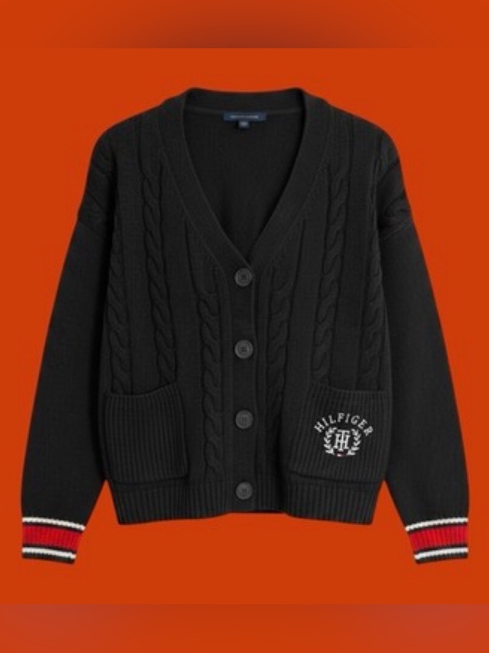 Tommy Hilfiger Womens Black Cable Knit Varsity Cardigan Crest Logo. Size M